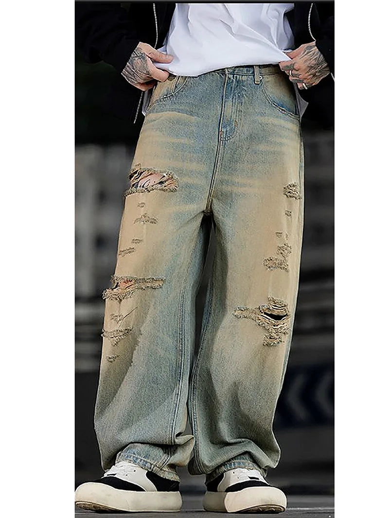 Fashionable Ripped Men's Jeans High Street Vintage Washed Pure Cotton Denim Pants Loose Straight Leg Casual Daily Male Trousers