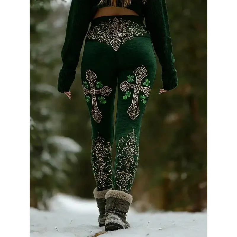 Shopfull Women's Green Forest Graphics Leggings 2026 Outdoor Trousers Stretch Elastic Waist Control Streetwear Polyester Spandex