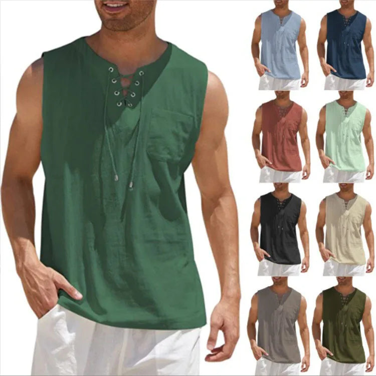 New 2026 Men's Casual Cotton Linen Tank Tops Men Drawstring V Neck Sleeveless Shirts Summer Casual Shirt Gym Fitness Vest Tops
