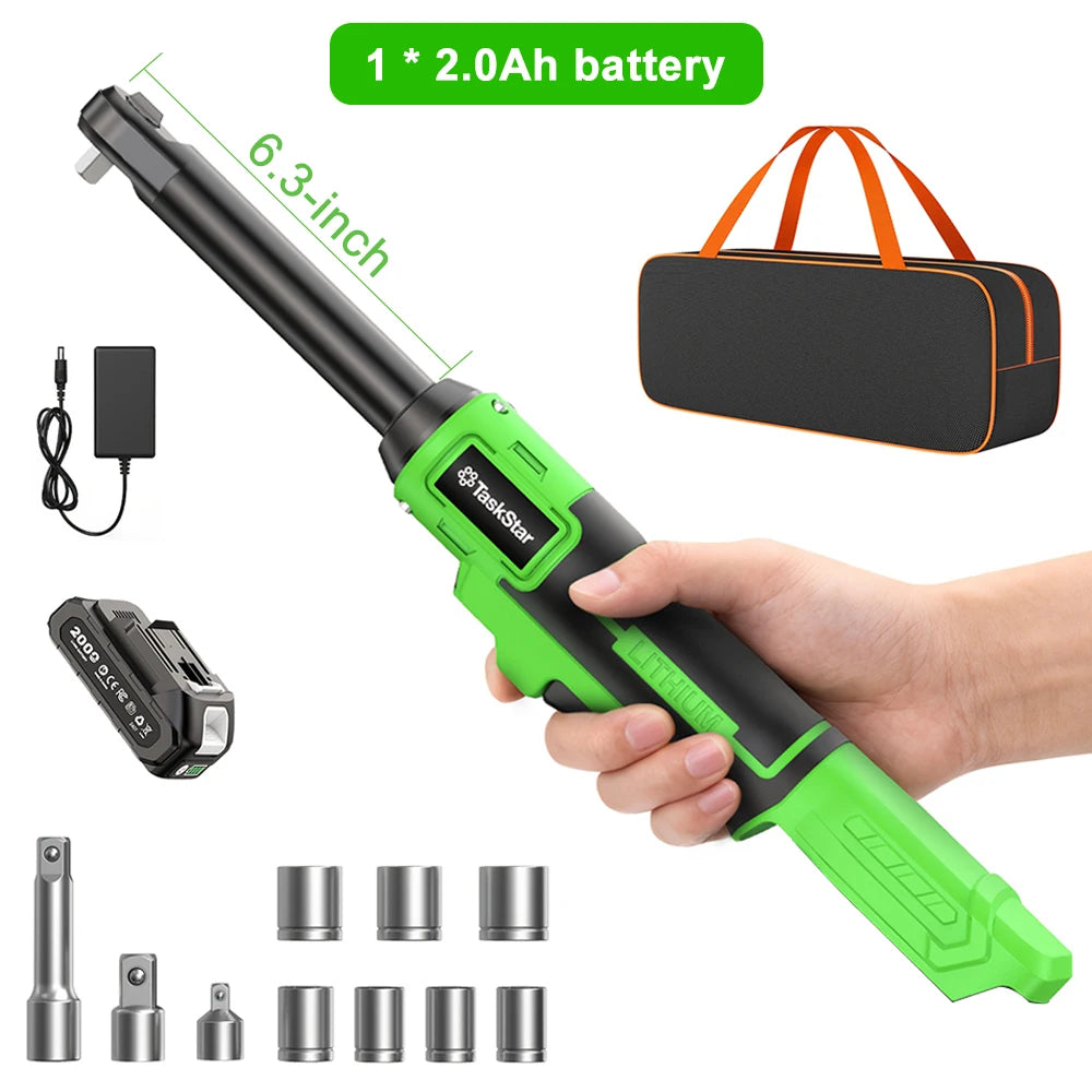 TaskStar 21V Cordless Ratchet Wrench 6.3-inch Extension Bar 70N.m 3/8-inch Electric Wrench with LED Light, 1/4&1/2-inch Adapter, 2 2000mAh Batteries, 8 Sockets, Charger