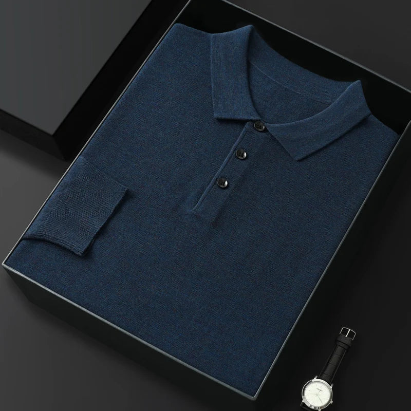 Men's Worsted Wool Kknit Pullover, Business Casual Polo Neck Sweater, Monochromatic Loose Top, Autumn and Winter Fashion, New