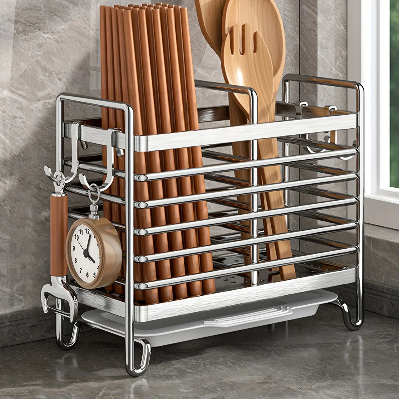 No-Drill Wall-Mounted Utensil Holder Stainless Steel Space-Saving Organizer For Kitchen Cutlery Ideal For Small Spaces