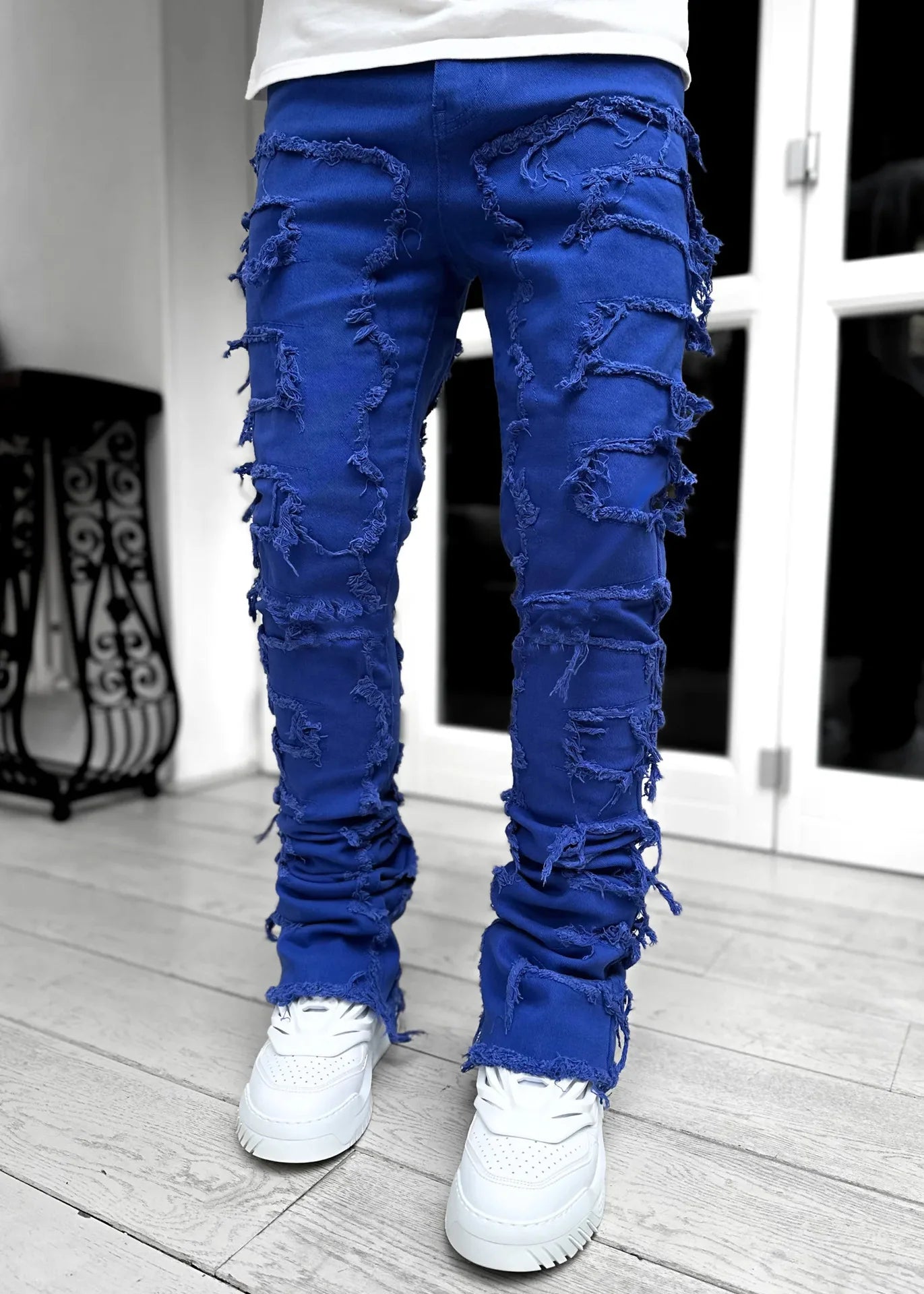 2026 New Men's Denim Straight-Leg Pants, European and American Street Fashion Ins Stretch Patch Denim Straight-Leg Pants