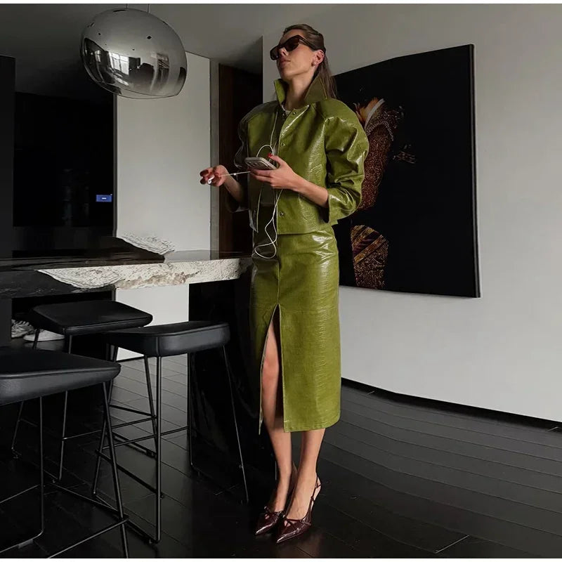 Women's Skirt Sets Crocodile Faux Leather Lapel Long Sleeve Button Oversized Jackets Straight Skirts Autumn Female Loose Outfits