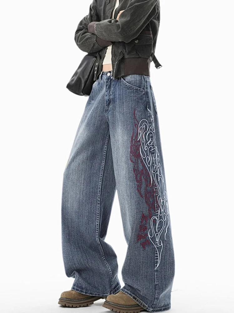 New Y2K Flame Embroidered Streetwear Flared Jeans For Man Hip Hop Fashion Straight Baggy Denim Pants Harajuku Streetwear Jean