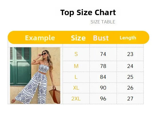 Bohemian Print Crop Top And Wide Leg Pants Two Piece Set for Women Summer Fashion Outfit Spicy Girl Casual Wear