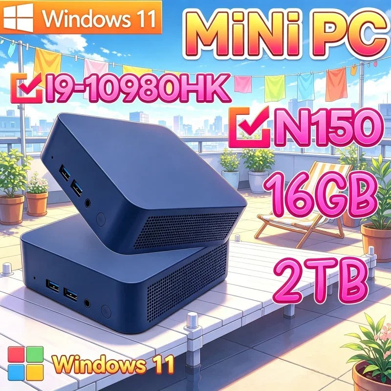 Intel Core N150/I9‑10980HK Ultra Compact Mini PC 16GB RAM 2TB SSD Triple 4K Monitor Home Office Small Pro Nimble Output
