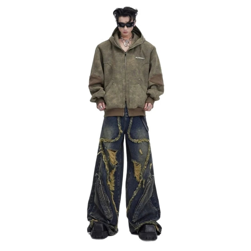 American Fashion Wornout Splicing Burr Edge Design Street Denim Pants Men 2026 New Trendy Personalized Original Male Jeans Y2K