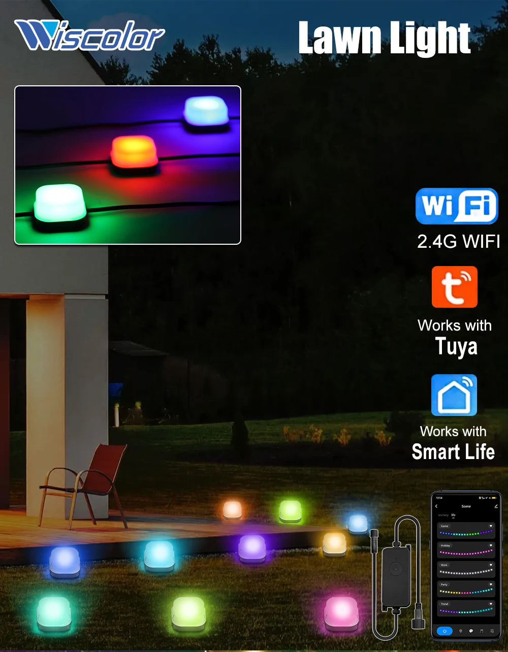 Wiscolor Smart Wifi RGB Lawn Light 30M 30Bulbs IP65 Outdoor Ground LED Light APP Control for Garden Lawn Courtyard