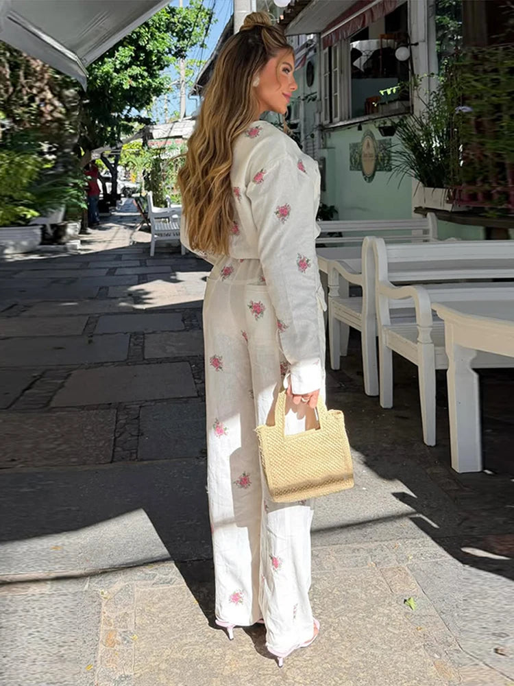 Elegant Print Women's Jumpsuits Fashion Long Sleeve V-neck Zippers Female Overalls 2026 Summer Autumn All-match Lady Outfit