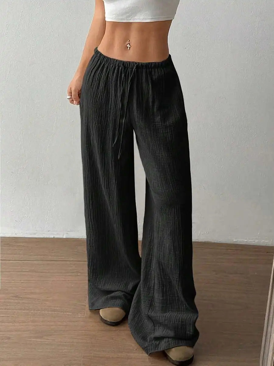 Women's Elegant Versatile Elastic Waist Comfortable Casual Pant Slightly Elastic Simple Solid Color High Waist Wide-leg Pants