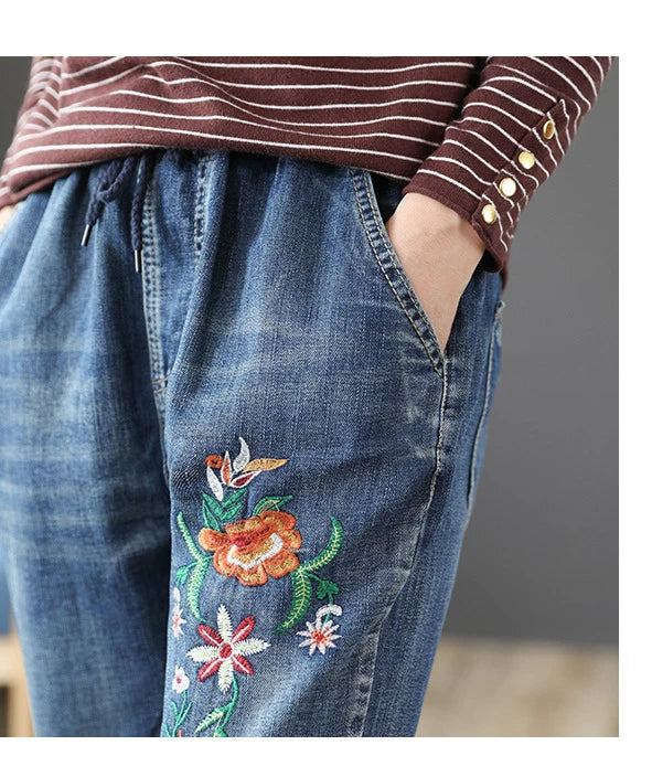 Women's Denim Pants Vintage Flower Embroidery Chinese Hand Work High Quality Casual Loose Jeans China Clothing Factory Wholesale