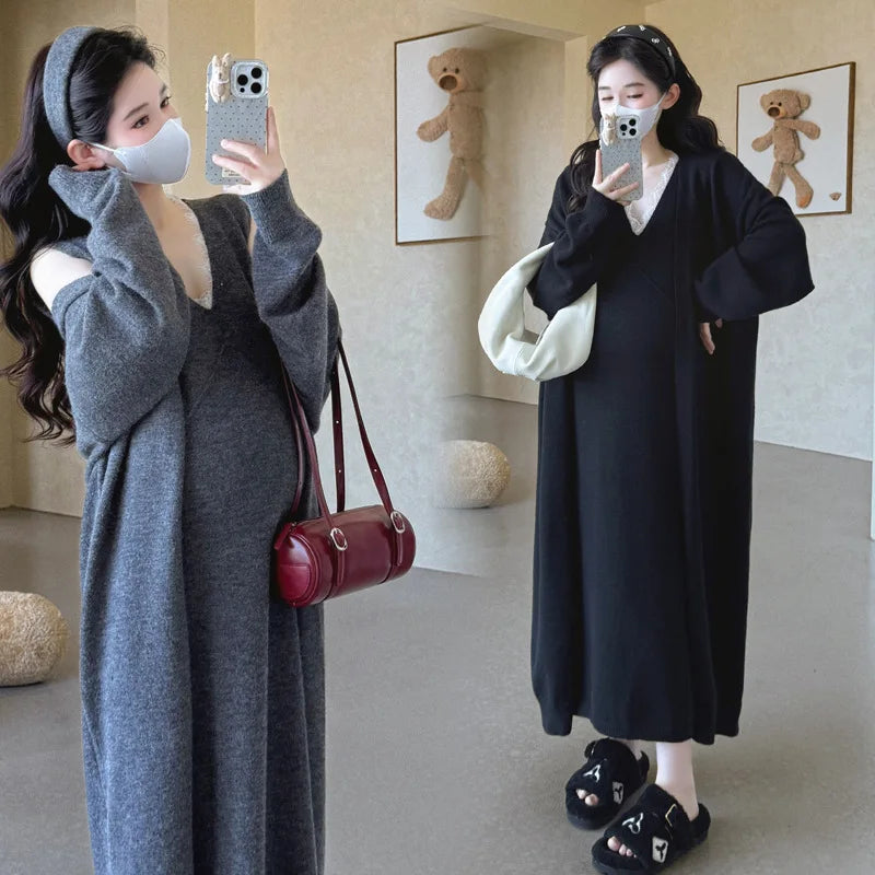 Maternity Suit  Autumn High-End Lazy Style Versatile Long Coat And Lace Paneled V Neck Straight Tank Dress Two Piece Set