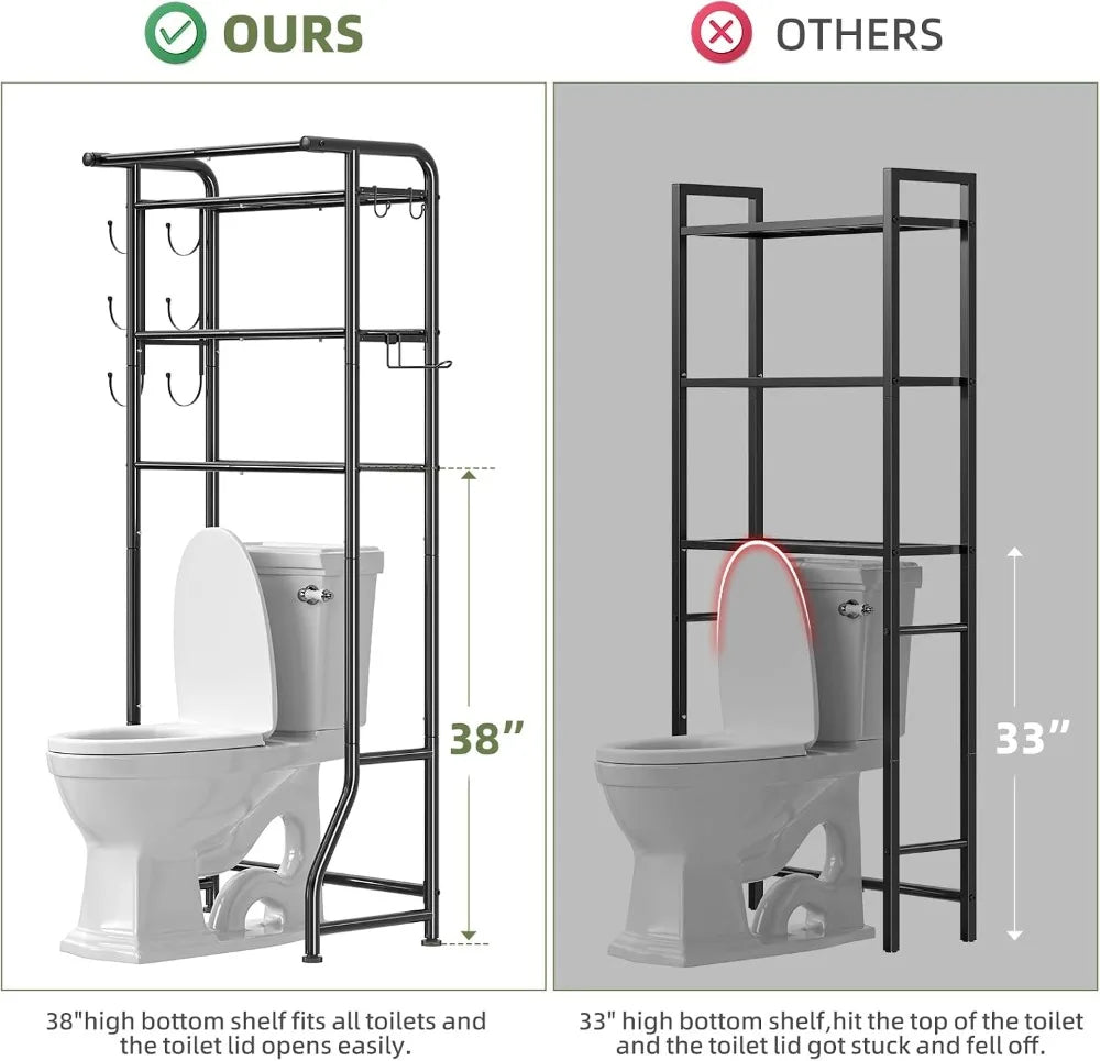 3-Tier Over Toilet Storage Cabinet, Metal Bathroom Shelf with Paper Holder & Hooks, Black