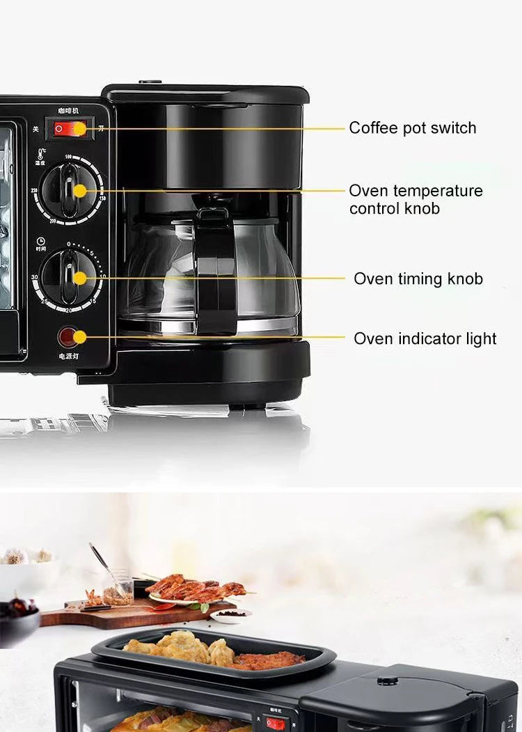Multifunctional 110V/220V 3 In 1 Breakfast Machine Mini Toaster Oven with Timer