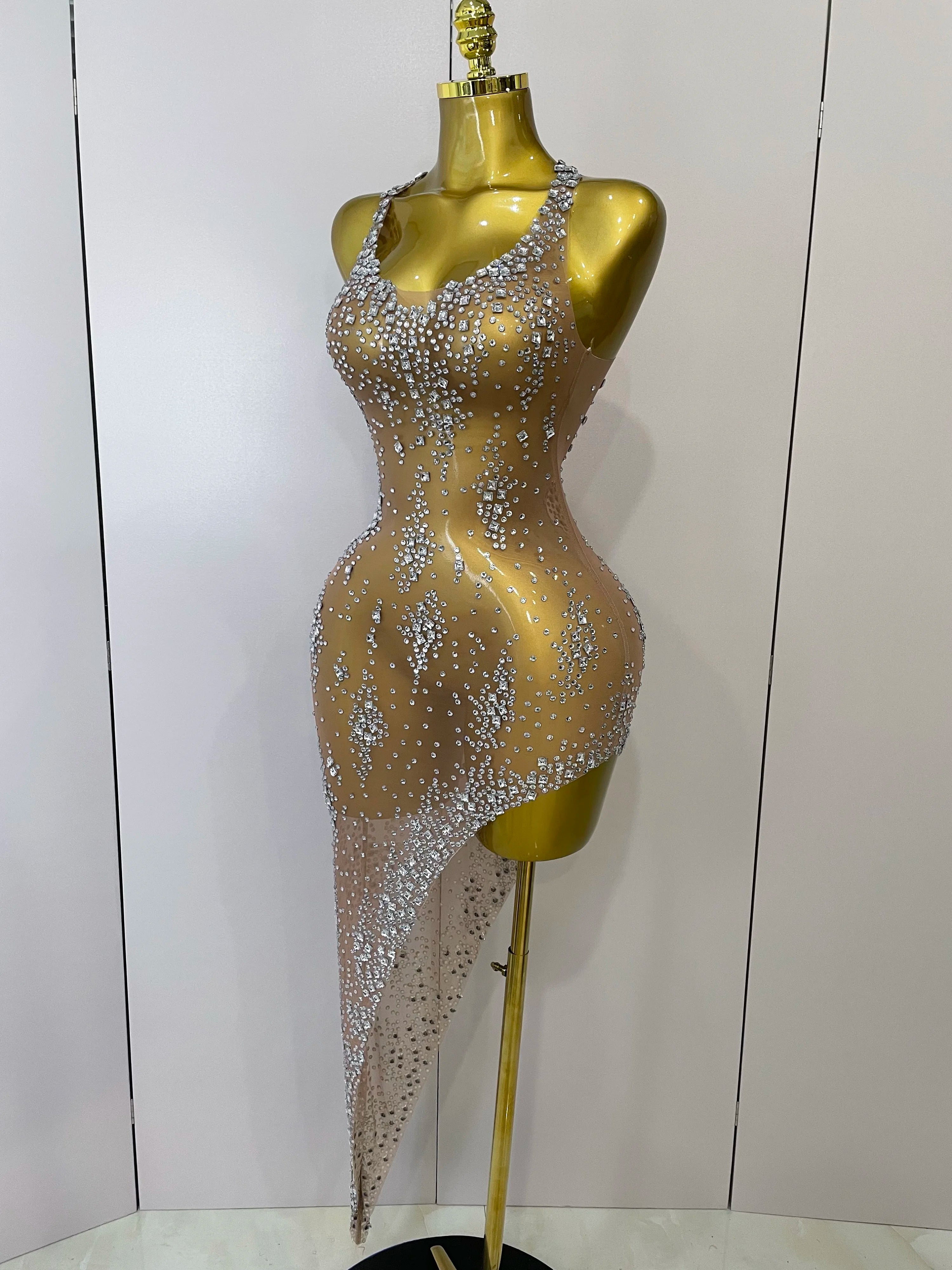 2025 New Sparkly Rhinestone V Neck Stretch Mesh Sexy See Through Dress Women Elegant Party Celebrate Perform Costume Stage Outfi