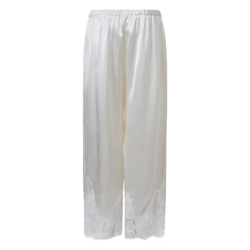 Maemukilabe Women Satin Wide Leg Pants Elastic High Waist Lace Hem Loose Trousers Elegant Vacation Beach Casual Streetwear Pants