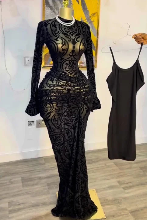 CM.YAYA 2025 Women Long Sleeve Ruched Mesh See Though with Lining Bodycon Long Dress Fall Evening Birthday Sexy Party Dresses
