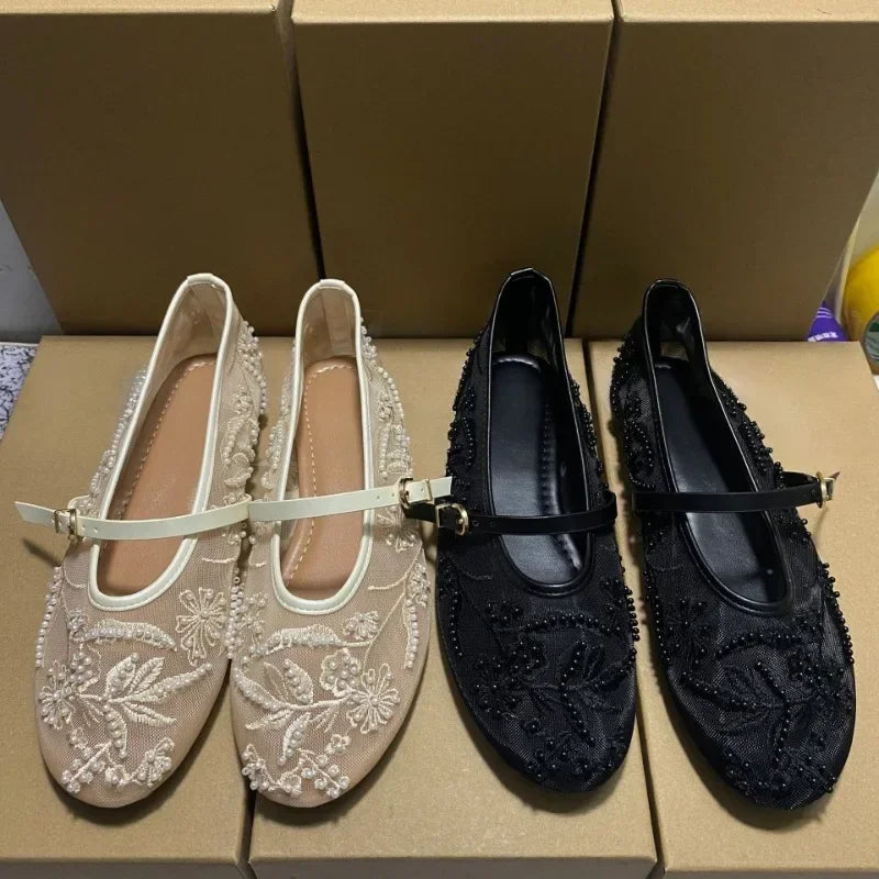 Mesh Embroidery Flower Ballet Flats Women Comfort Round Toe Breathable Mary Jane Shoes Fashion Brand Designer Shoes for Ladies