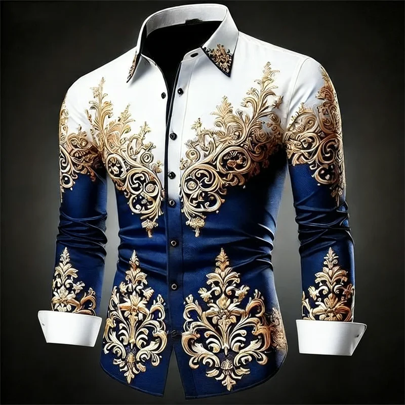 New 12 Color Men's Gold Exquisite Pattern Long-Sleeved Button Retro Floral 3D Printed Hawaiian Shirt Fashionable Shirt