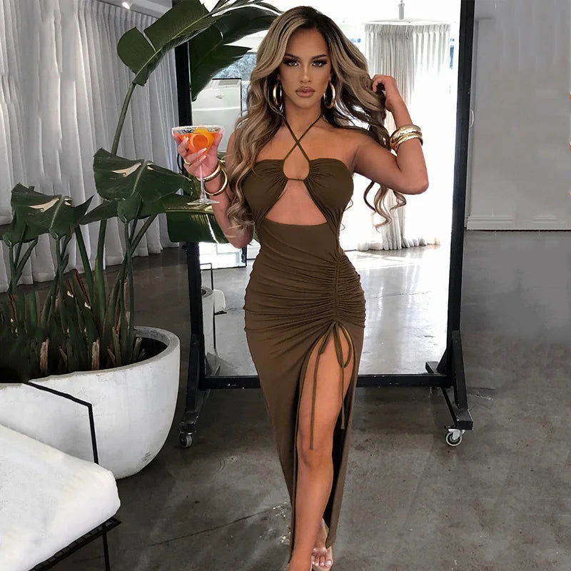 Solid Color Neck Hanging, Pleated High Slit Sexy Dress Birthday Party Dinner Party Sexy Elegant Fashionable Dress