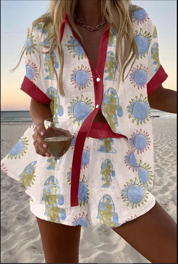 Fashion Print Beach Holiday 2 Piece Set Women Summer Short Sleeve Shirt Top Wide Legs Shorts Women's Oversize Two Piece Outfit