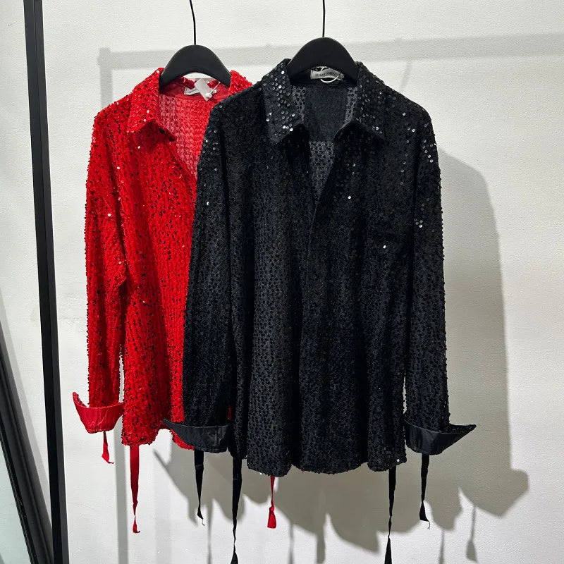 Spring Autumn Men's Sequins Shirt Solid Color Luxury Lapel Single Breasted Long Sleeve American Fashion Party Shining Shirts