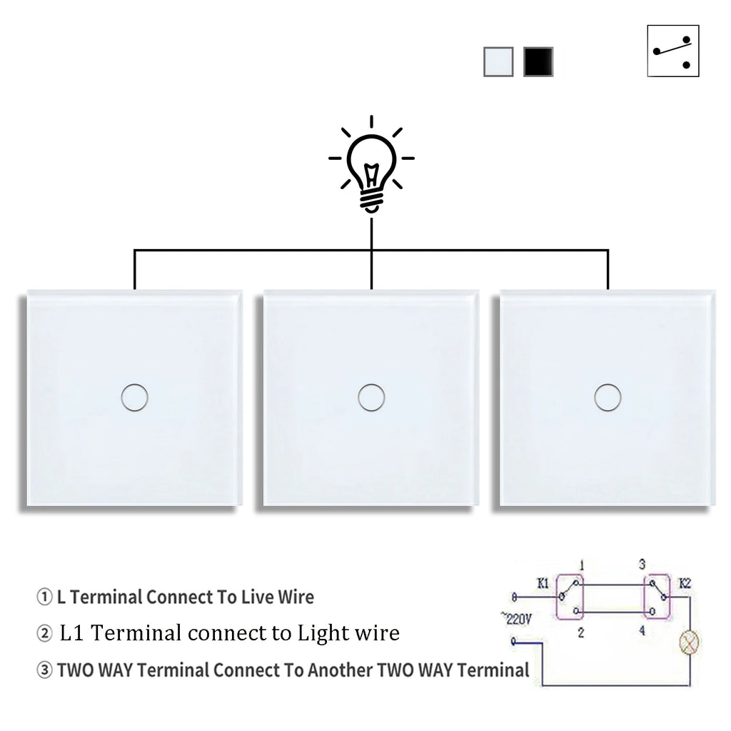 1gang 2way 3way Touch Switch Wall Light Switches No Neutral Wire With Tempered Glass 240V No Wifi No RF433