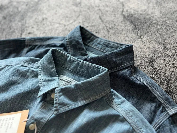 Japan Retro Bamboo Yarn Denim Casual Shirt Cool Hong Kong Style Long Sleeve Loose Spring Autumn 100% Cotton Washed Workwear Tops