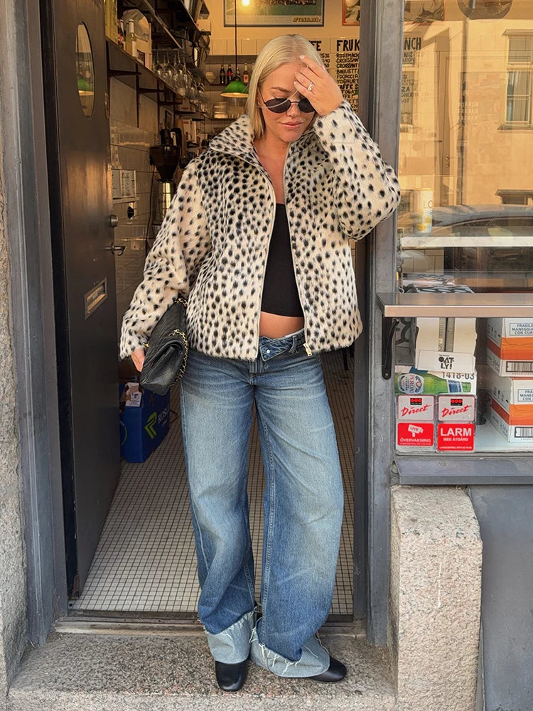 Women Leopard Print Faux Fur Jacket Zip Up Stand Collar Cropped Loose Fit Fuzzy Coat Vintage Street Casual Ladies Outerwear