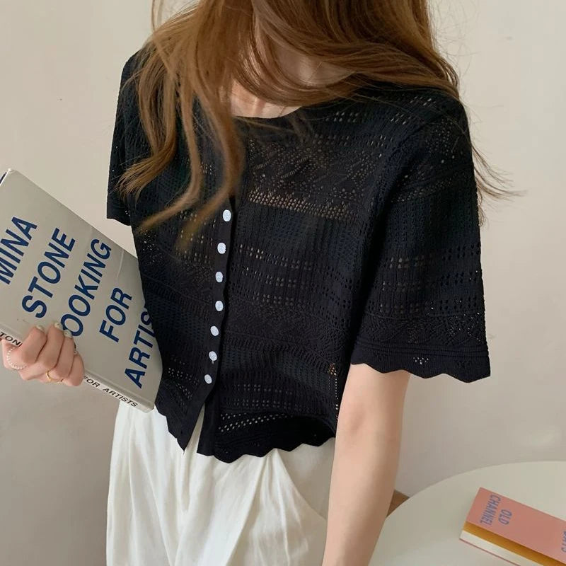 Chic Hollow Out Knitted T-Shirt Women 2026 Summer Button Up Short Sleeve Crop Tee Woman All Match Round Neck T Shirt Female
