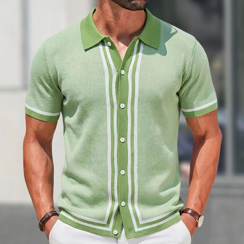 Summer Men Knitted Cardigan Polo Shirts Short Sleeve Striped Jacquarded Business Shirts American Retro Premium Quality Knitwear
