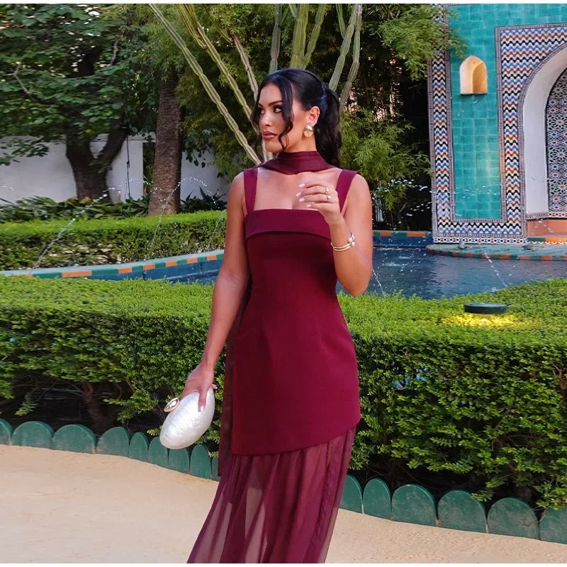 Boho Chic Elegant Mesh Patchwork Sling Dress Sexy Loose Sleeveless Split Scarf Long Dress Female 2026 New Party Evening Dresses