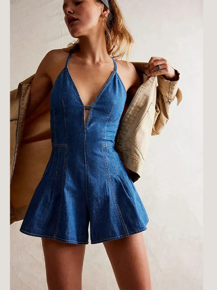 Chic Women's Sleeveless Backless Denim Short Jumpsuits Summer Sexy Deep-V Spaghetti Straps  Baggy Jeans Shorts Rompers For Woman