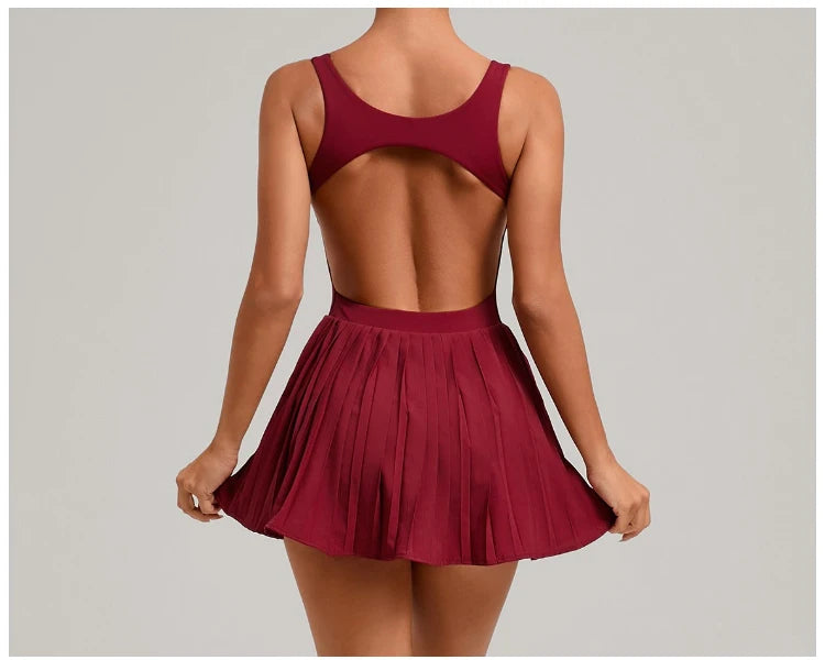 VITALINOVO Workout Tennis Dress with Built in Shorts Square Neck Padded Workout Dress with Pockets Golf Athletic Mini Dresses