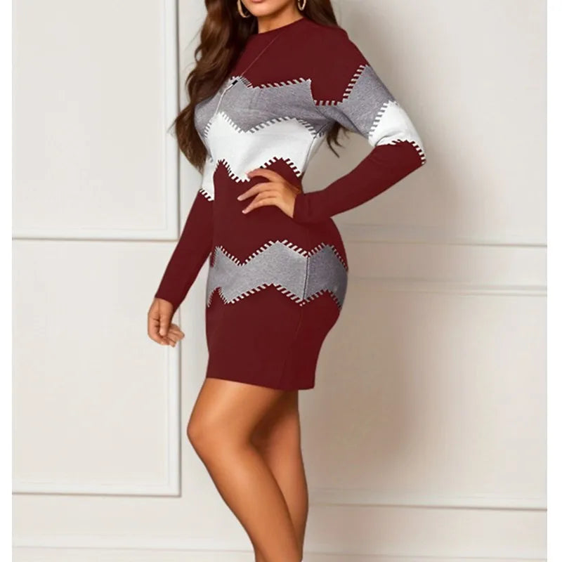 Printed Round Neck Dress a Line British Style with Long Sleeve Mid Waist Elegant Commuter Pullover Spring Women Casual Dresses