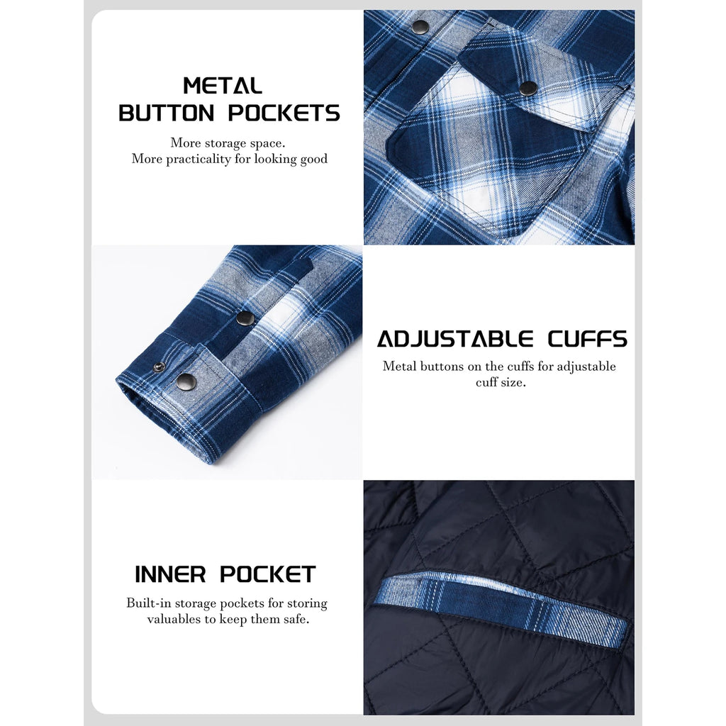 MAGCOMSEN Flannel Shirt with Quilted Lined Jacket Mens Long Sleeve Plaid Shirt Coat Button Down Outerwear Winter Male