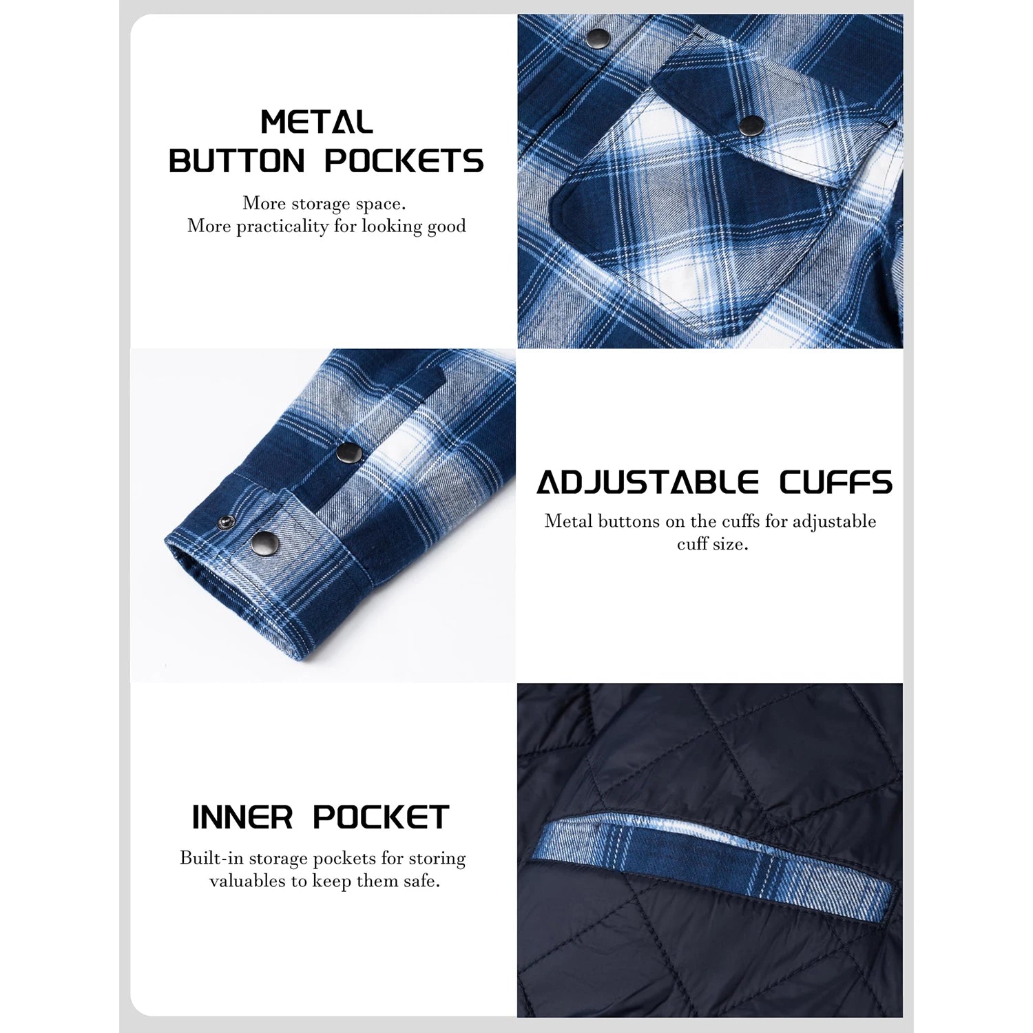 MAGCOMSEN Flannel Shirt with Quilted Lined Jacket Mens Long Sleeve Plaid Shirt Coat Button Down Outerwear Winter Male