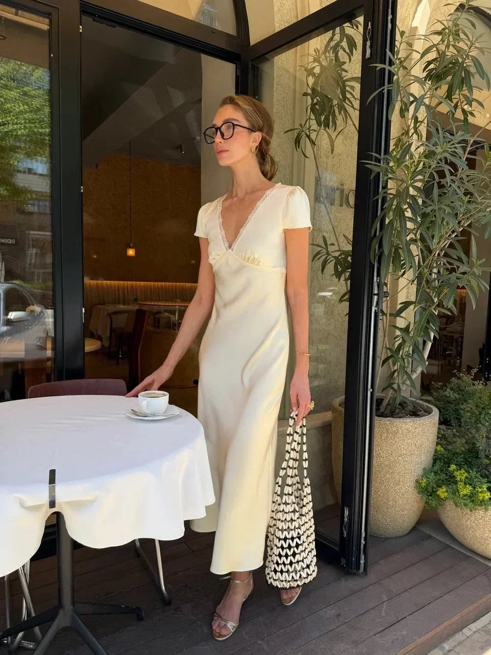 Women Elegant Satin Lace Trim Midi Dress Solid Lace Patchwork Short Sleeve V-neck Summer Dresses 2026 Summer New Holiday Robes