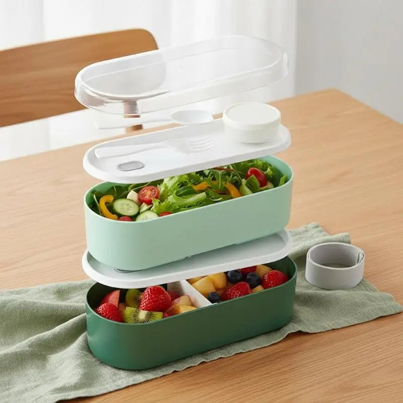 Double Layer Portable Lunch Box Set with Fork And Spoon Microwave Safe Bento Food Storage Container Dinnerware for Picnics And W