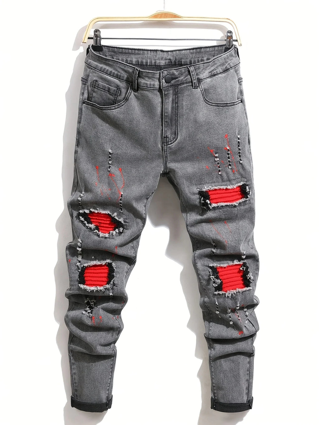 Men's Ripped Denim Jeans for Man High Stretch Skinny Biker Pants Casual Slim Fit Trousers with Patchwork Embroidery Streetwear