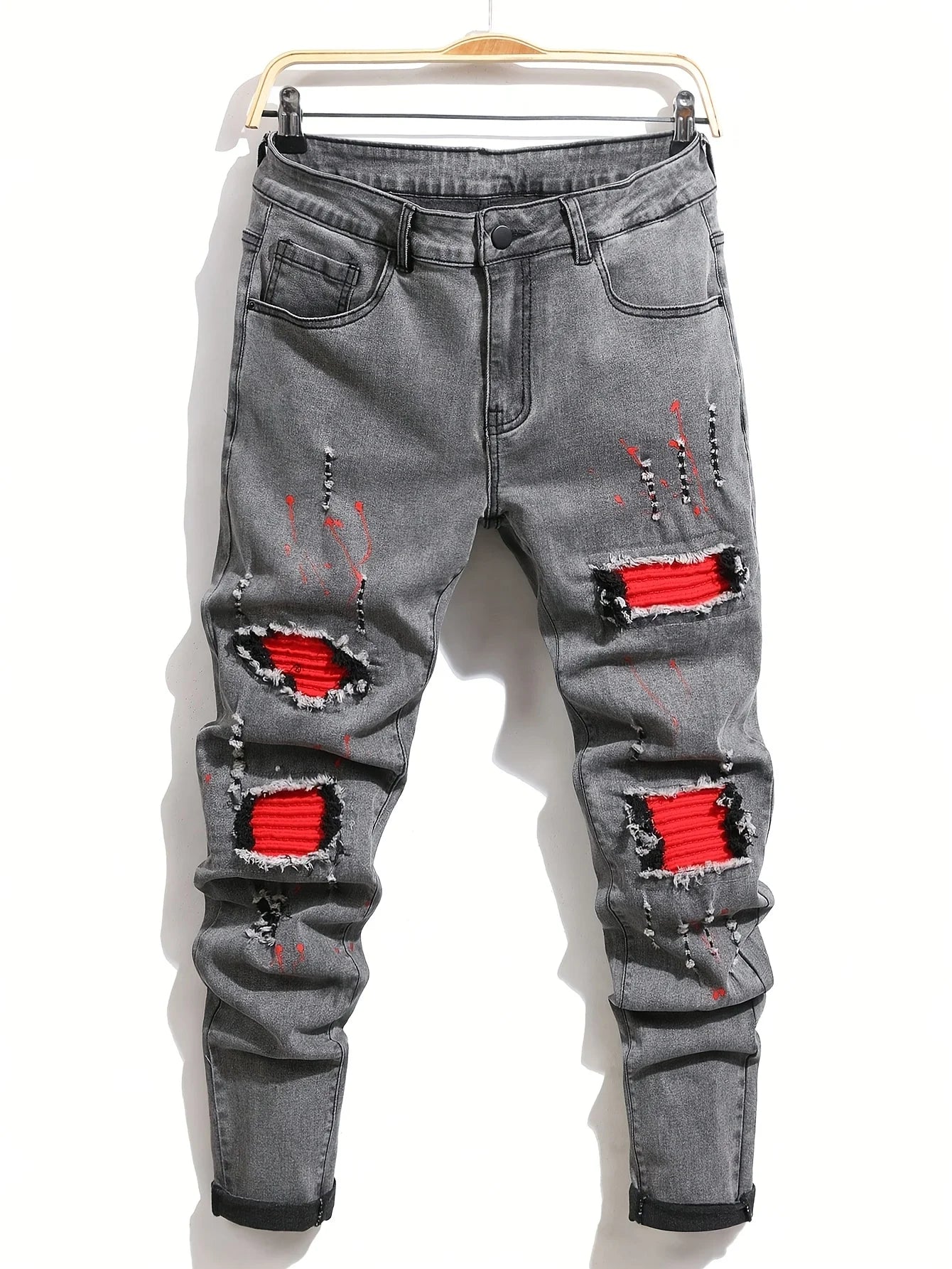 Men's Ripped Denim Jeans for Man High Stretch Skinny Biker Pants Casual Slim Fit Trousers with Patchwork Embroidery Streetwear