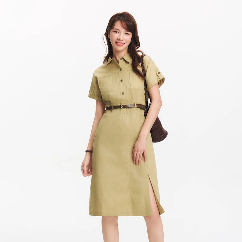 Semir Women Dress Shirt Collar Cotton Slit Midi Belt Slim Vintage Urban Workwear 2026 Summer Fashion Office Top