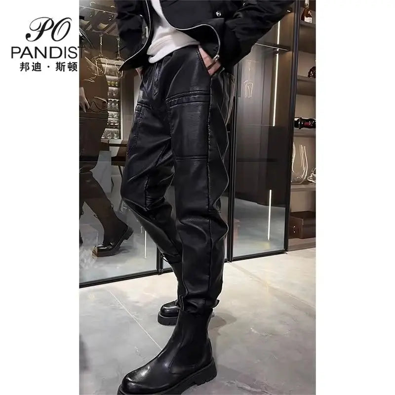 Fashion 2024 Men's Loose Elastic Waist Faux Leather Winter Pants Six Pockets Fleece Thcik Black Pu Punk Design Trousers Male
