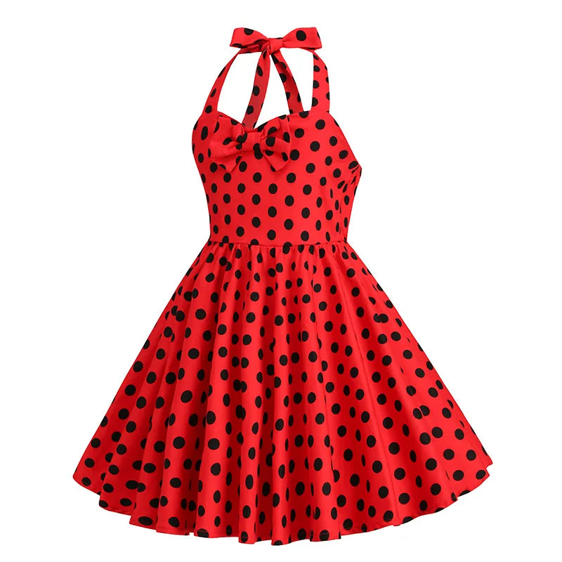 Kids Girls Vintage Halterneck Dress Polka Dots Cherry Strawberry Daily Birthday Party 1950s Swing Dress Summer Princess Dress
