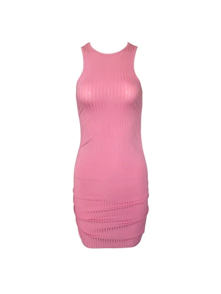 Sexy Stripes Thread Knitting Slim Bodycon Dress Women Sleeveless Solid Color Skinny Mini Dress Elegant Club Party Vestidos