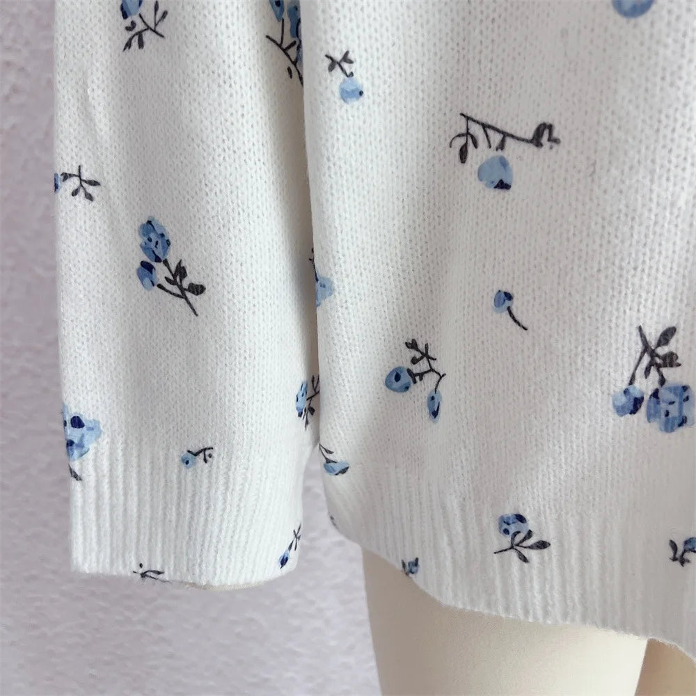 Women's Cream White Floral Print Longline Knit Sweater Crew Neck Relaxed Fit Cardigan with Flowers Fall Winter Boho Chic