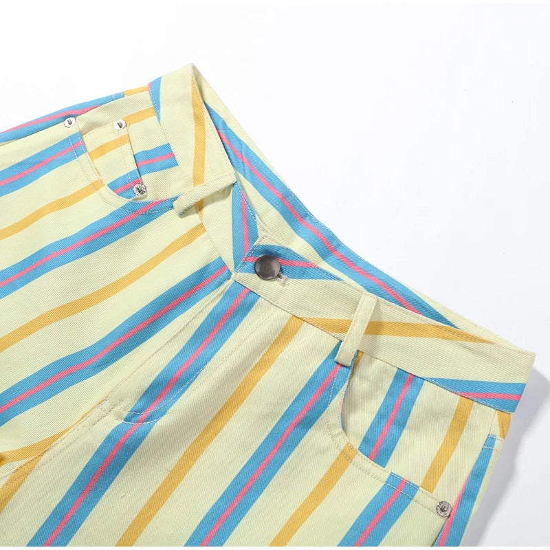 Street Fashion Stripe Women's Pants Zipper Button Pocket Wide Leg Multicolor Vertical Pants 2026 Spring Summer Lady Trousers