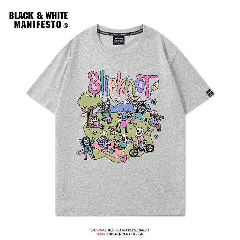 Rock Retro Slipknot T-Shirt Short Sleeve Men's Heavy Metal Cartoon Printed Loose Top Half Sleeve