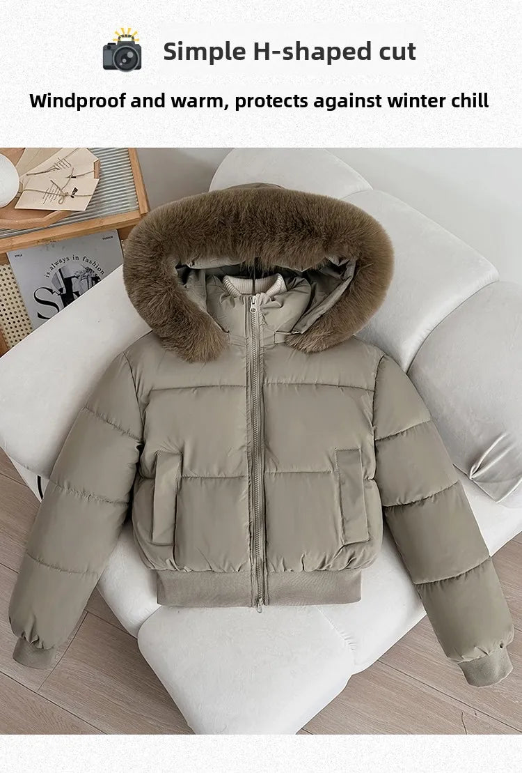 Women's Short Thickened Winter Cotton Jacket Quilted Coat Fur Collar American Retro Style Warm Casual Fashion Regular Fit
